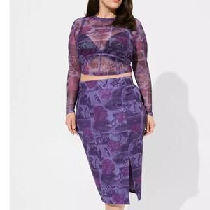 Torrid Betsey Johnson Two Piece Midi Skirt & Mesh Crop‎ Top Set Top 2X Skirt 1X
